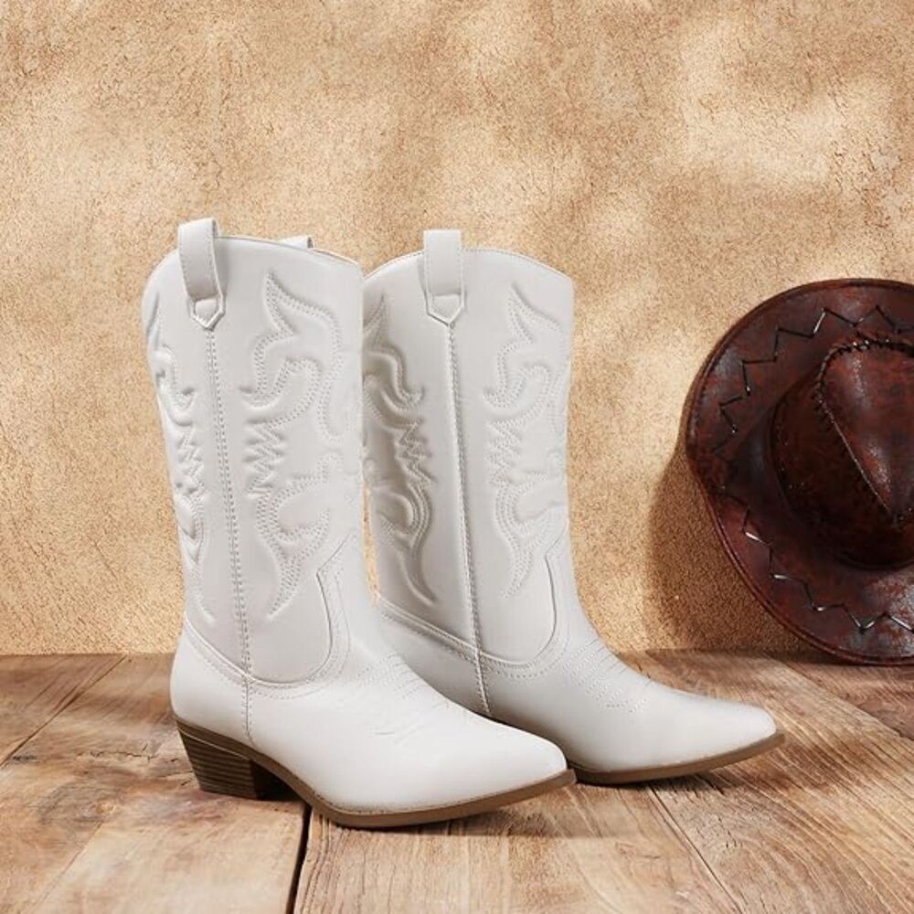 Women White Pointed Toe Faux Leather Mid-Calf Classic Comfort Casual Boots - Picture 4 of 6